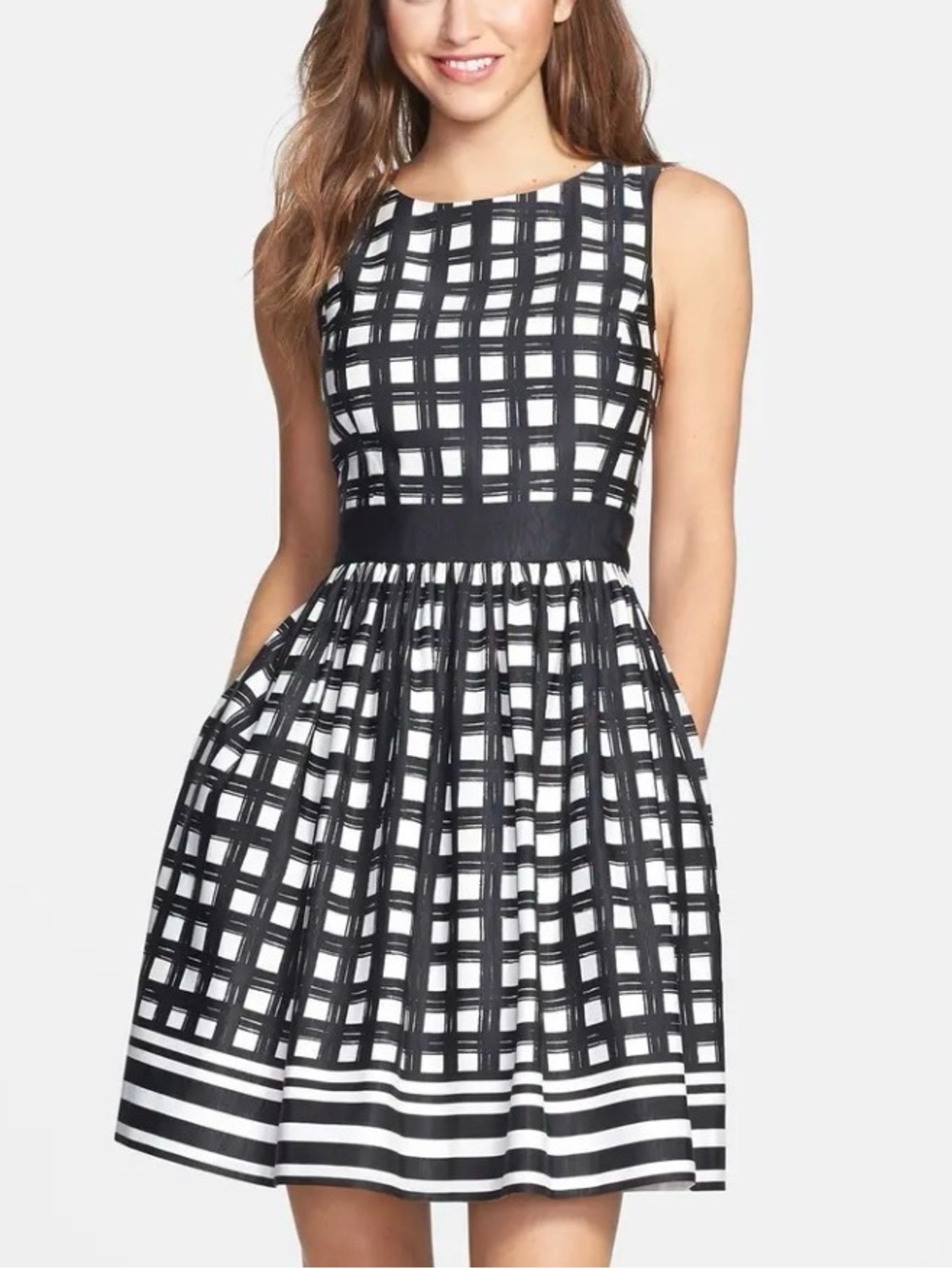 Eliza J Faille/Taffeta Black White Grid Windowpane Plaid Fit Flare Mini Dress 4P